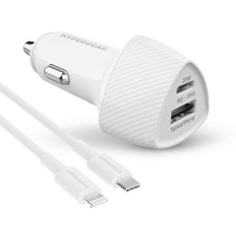 HyperGear SpeedBoost 25W USB-C PD + 12W USB Fast CLA Car Charger w/ PPS 4ft Lightning Cable - White